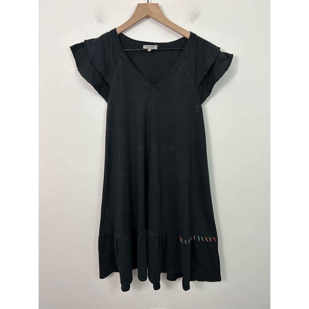 Lisa Todd Black Cotton Ruffle Sleeve Mini Dress Rainbow Whipstitch Small - Picture 2 of 11